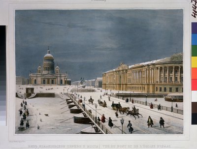 Katedrála svatého Izáka a Senátní náměstí v Petrohradě. Kresba Louis Pierre Alphonse Bichebois (Louis-Pierre-Alphonse) (1801-1850). Litografie kolorovaná akvarelem, od Louis Philippe Alphonse Bichebois
