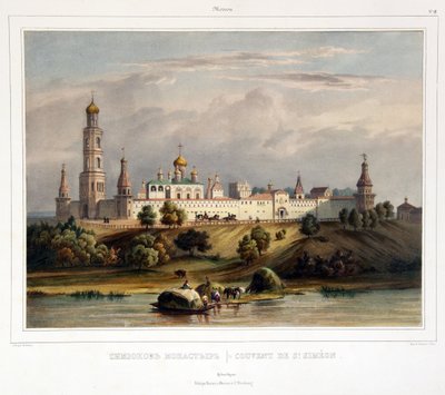 Klášter Saint Simon (Simeon), Moskva (Pohled na klášter Simonov v Moskvě). Dílo Louise Pierra Alphonse Bicheboise (1801-1850), rytina kolorovaná akvarelem, počátek 19. století. Francouzské umění, krajina, klasicismus. Státní muzeum A.S. od Louis Philippe Alphonse Bichebois