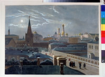 Pohled na moskevský Kreml. Kresba Louis Pierre Alphonse Bichebois (1801-1850). Litografie kolorovaná akvarelem, cca 1830-1840, francouzské umění, klasicismus. A. Pushkin Memorial Museum, Petrohrad. ©FineArtImag od Louis Philippe Alphonse Bichebois