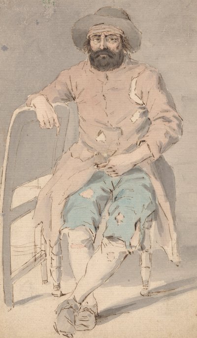 Muž v otrhaném oblečení sedí s pravou paží přes další židli od Louis Philippe Boitard