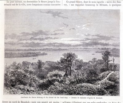 Soutok řeky Mekong a jezera Touli Channel - slap. Kresba Sabatierem podle p. Mouhota. “Tour du monde” od Louis Remy Sabatier
