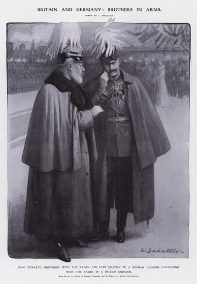 Král Edward VII. oblečený jako plukovník pruských dragounů a císař Wilhelm II. oblečený jako britský polní maršál (litho) od Louis Remy Sabattier