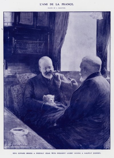 Král Edward VII na cestě vlakem s francouzským prezidentem Emilem Loubetem (litho) od Louis Remy Sabattier