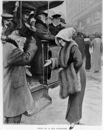 Zdvořilost: Scéna z pařížské ulice - Galenterie dávných dob v dnešní Paříži. Starý muž a mladá žena na autobusové zastávce. Ilustrace Sabatier. n.d. 10. léta 20. století. od Louis Remy Sabattier