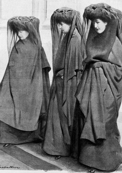Princezny Louise, Stephanie a Clementine Saské Cobourg (Saxe-Cobourg) ve smutku při pohřbu svého otce krále Leopolda II. Belgického (1835-1909) v prosinci 1909. Ilustrace Louis Remy Sabattier (1863-1935) od Louis Remy Sabattier