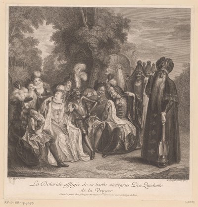 Doloride žádá Dona Quijota, aby se za ni pomstil La Doloride affligée de sa barbe vient prier Don Quichotte de la venger (titul na objektu) Historie Dona Quijota z La Mancha (název série) od Louis Surugue
