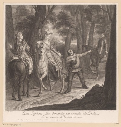 Don Quijote nechá Sancha požádat vévodkyni o povolení ji vidět Don Quichotte fait demander par Sancho ala Duchesse ca povolení de la voir (titul na předmětu) Historie Dona Quijota z La Mancha (název série) od Louis Surugue