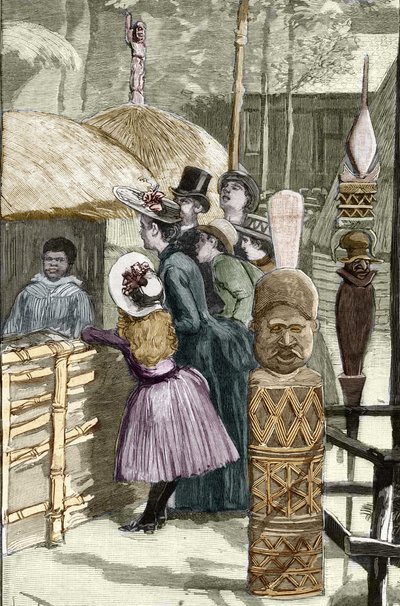 Všeobecná výstava 1889 - Vesnice Canaque na Esplanade des Invalides (Canaques vystaveny během výstavy: Lidská zoo) - Kresba Louise Tinayrea (1861-1942) - v “”Le Monde Illustré””” z 22.7.1889. od Louis Tinayre