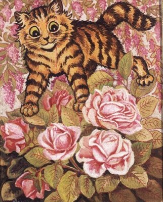 Kotě skrývající se v růžovém keři od Louis Wain