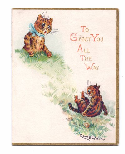 Viktoriánská pohlednice se dvěma kočkami, z nichž jedna padá a druhá se tváří vyděšeně, asi 1880. od Louis Wain