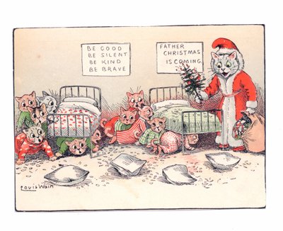 Viktoriánské přání s koťaty krčícími se strachem při pohledu na kočku oblečenou jako Otec Vánoc, kolem roku 1880 od Louis Wain