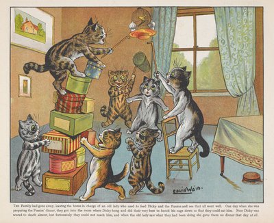 Kočky si hrají s krabicemi v místnosti. od Louis Wain