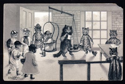 Využíváme dobrého počasí. Zvířata v lidském držení těla. Kočičí žokej se váží na váze. Pohlednice. Chromolitograf od Louise Waina (1860-1939), anglického umělce známého svým zobrazením koček s velkýma očima. Začátek 20 od Louis Wain