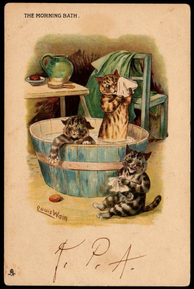 Ranní koupel. Zvířata v lidském držení těla. Kočky se koupou v umyvadle. Pohlednice. Chromolitograf od Louise Waina (1860-1939), anglického umělce známého svým zobrazením koček s velkýma očima. Začátek 20. století. Sbírat od Louis Wain