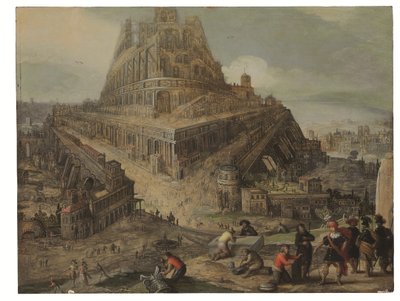 Král Nimrod nařizuje stavbu babylonské věže (olej na desce) od Louis de (circle of) Caullery