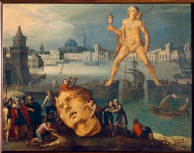 Sedm divů světa: „Rhodský kolos“ (Colosso di Rodi) Obraz Louise de Caulleryho (známého jako Mistr Knihy skic Leningradu) (kolem 1580 – po 1621) Slunce 17. století. 0,35x0,46m od Louis de Caulery