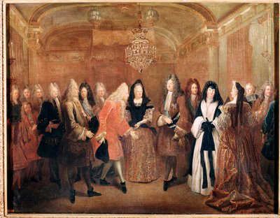 Francouzský král Ludvík XIV. přijímá prince Fridricha Augusta I. na zámku Fontainebleau (obraz od Louis de Silvestre