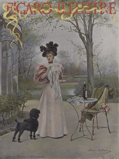 Ochutnejte v Pavillon dArmenonville (Ochutnávka v Pavillonu dArmenonville). Obálka Le Figaro Illustre, květen 1895 od Louise Abbéma