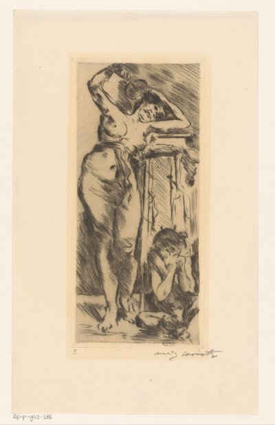 Ženský akt s vějířem v ruce a skrčenou postavou po její pravici od Lovis Corinth (signed by artist)