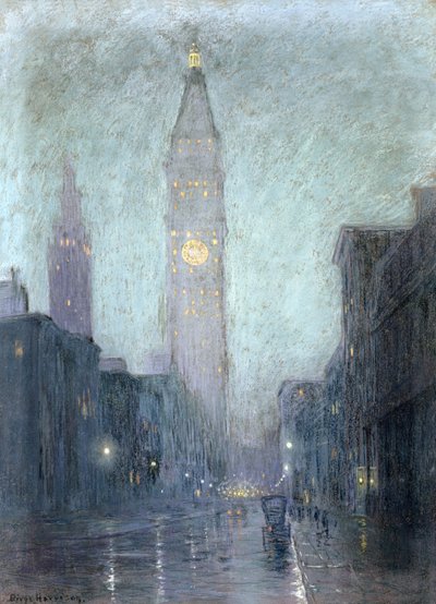 Madison Avenue at Twilight (pastel na hnědém papíře) od Lowell Birge Harrison
