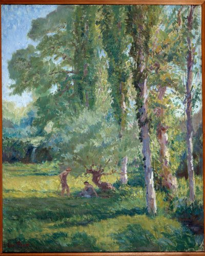 Pár na trávě pod topolem Obraz od Loyse Prata (1879-1934), 20. století. Olej na plátně. Donzere, radnice. od Loys Prat