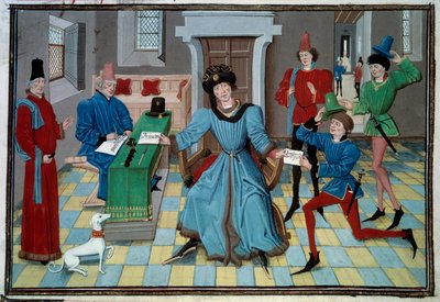 Příchod miniaturního posla z rukopisu „Renaud de Montauban“ nebo „Les quatre fils Aymon“ od Loyseta Liedeta (aktivního mezi lety 1448 a 1478). Paní 5073. Bibliotheque de l