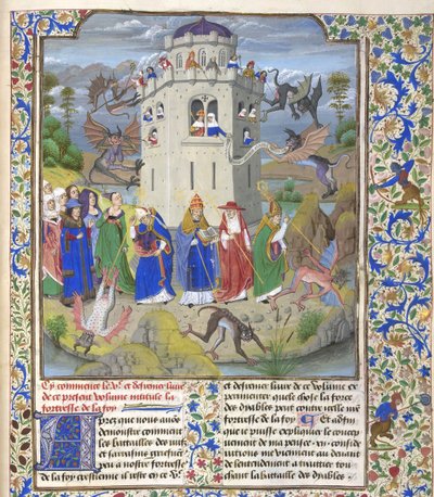 Pevnost víry Miniatura svatých Řehoře, Augustina, Jeronýma a Ambrože bojujících s démony, konec 15. stol. od Loyset Liedet