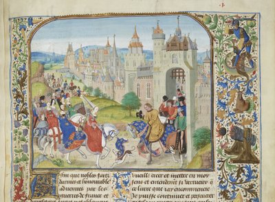 Isabelu Francouzskou přivítal její bratr Karel IV. v Paříži, cca 1470-1475. od Loyset Liedet