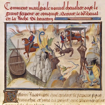 Ms 5072 fol.37v Maugis Boj s hadem a získání kouzelného koně, Bayard, z cyklu Renaud de Montauban od Loyset Liedet