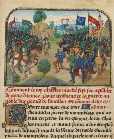 Francouzská a burgundská armáda s Martelem v modlitbě od Loyset Liedet