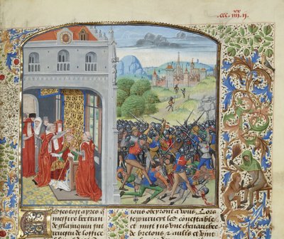 Korunování papeže Řehoře XI a bitva u Pontvallainu, 1370, cca 1470-1475. od Loyset Liedet
