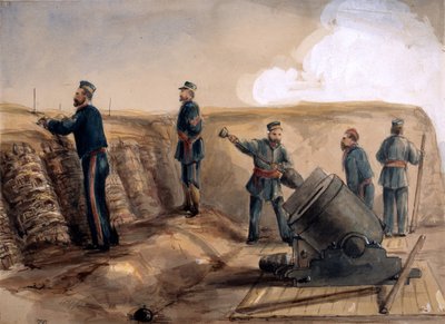 Třináctipalcový minomet královského dělostřelectva v akci, 1855 (čb na papíře) od Lt. Henry James Alderson