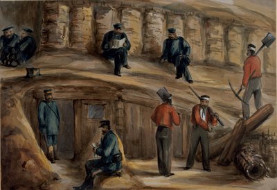 Dělostřelci Královského dělostřeleckého pluku odpočívají v zákopech u Sevastopolu, asi 1855 od Lt. Henry James Alderson