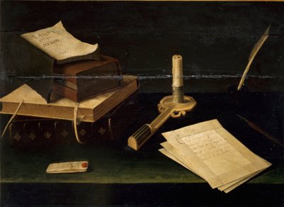 Zátiší z knih, malba per, dopisů a svíček od Lubina Baugina (1610-1663) Řím 17. století Galleria Spada od Lubin Baugin