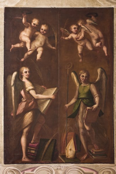 Janov, Duomo (katedrála svatého Vavřince), sakristie, kaple: "Andělé s biskupskými insigniemi, knihami a palmovými ratolestmi", Luca Cambiaso, asi 1580 od Luca Cambiaso