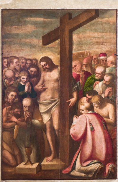 Janov, Duomo (katedrála svatého Vavřince), sakristie, kaple: „Eucharistický Kristus uctívaný svatými“, od Luca Cambiaso, asi 1580 od Luca Cambiaso