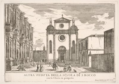 Deska 38: Pohled na průčelí kostela sv. Rocha a vlevo průčelí Schoo..., 1703. od Luca Carlevarijs