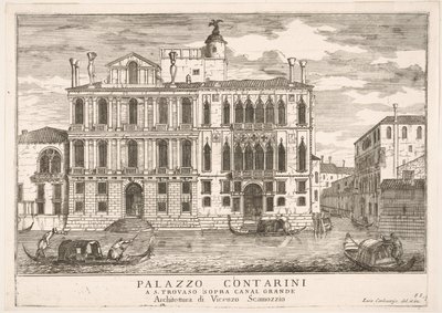 Deska 85: Pohled na palác Contarini v Campo San Trovaso, Benátky, 1703, z The build..., 1703. od Luca Carlevarijs