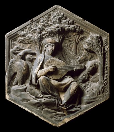 Alegorie hudby jako Orphee Lesní zvířata poslouchají Orphee, jak hraje na loutnu. Vysoký reliéf od Luca della Robbia od Luca Della Robbia