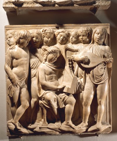 Chvalte ho na smyčce a varhany (Salmo 150, Laudate Dominum), panel s chlapci zpívajícími s varhanami, harfou a loutnou od Luca Della Robbia