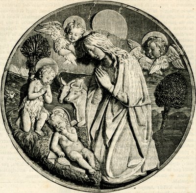 Madona v adoraci Dítěte s dítětem sv. Jana Křtitele a cherubíny, Luca della Robbia (1399/1400-1482), Prato, Toskánsko, Itálie, dřevoryt z Le cento citta d