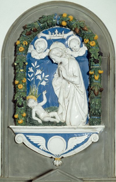Panna uctívající dítě Vysoká úleva od Luca della Robbia (1400-1482) Svatyně Verna, Itálie z 15. století od Luca Della Robbia