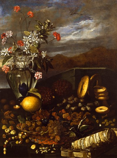 Zátiší se sušeným ovocem, květinami a krajinou, Luca Forte (1610-1670) od Luca Forte