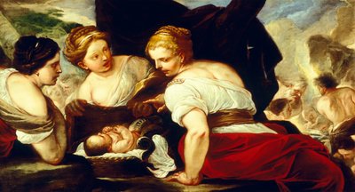 Otevírací košík Dcery Cecropse, který drží dítě Erichthonius, od Luca Giordana (1634-1705), olej na plátně, 76,5 x 133,5 cm od Luca Giordano