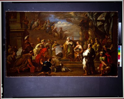 David ukazuje Šalamounovi plány chrámu (plátno) od Luca Giordano