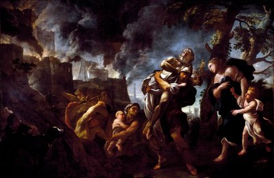 Enee prchající z Troie Enee, nesoucí Anchise, prchající z města padla do rukou Acheanů. Obraz Lucy Giordana (1634-1705) 1675-1680 Genes, Národní galerie paláce Spinola od Luca Giordano