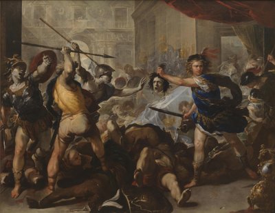 Perseus přeměnil Phinease a jeho následovníky na kámen, počátek 80. let 17. století od Luca Giordano
