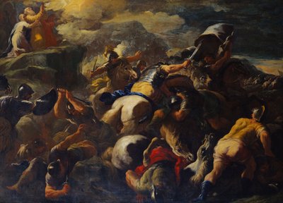 Bitva mezi Izraelity a Amalekity, Áron a Hur podpírali Mojžíšovy paže na kopci za nimi od Luca Giordano