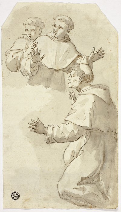 Tři vyděšení mniši, jeden klečící, dva stojící od Luca Giordano