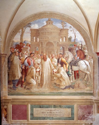Benedikt posílá Maura do Francie a Placida na Sicílii (Benedikt posílá Maura do Francie a Placid na Sicílii) Freska kláštera od Lucy Signorelliho vyprávějící o životě svatého Benedikta z Nursie (480 - 567), zakladatele řádu benediktinů 1497- od Luca Signorelli